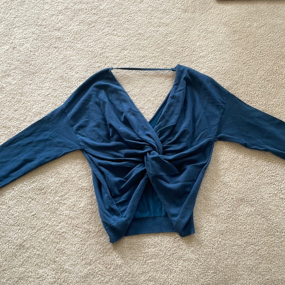 Blue Tie Front Long Sleeve Top